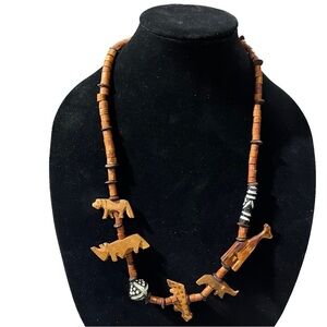 Antique Hand-Carved Wooden Animals & Tribal Painted Pendants Necklace 28” Rhino